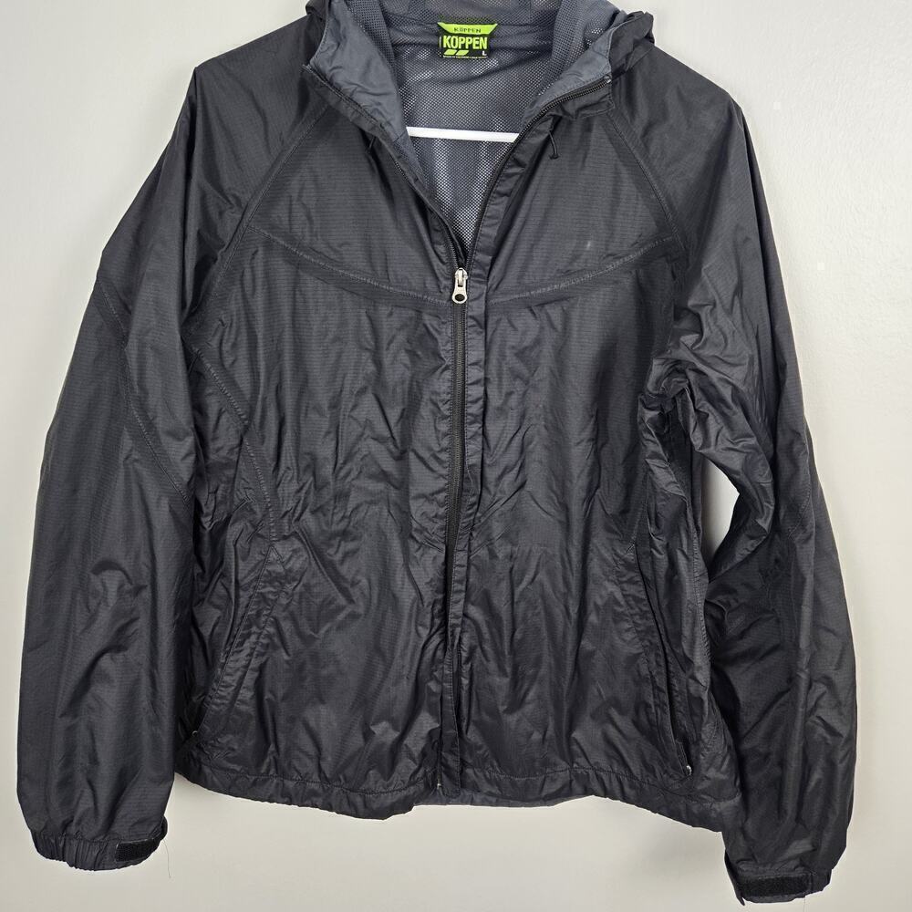 Koppen black rain jacket windbreaker coat womens L (or mens too) Hood Mesh Insid